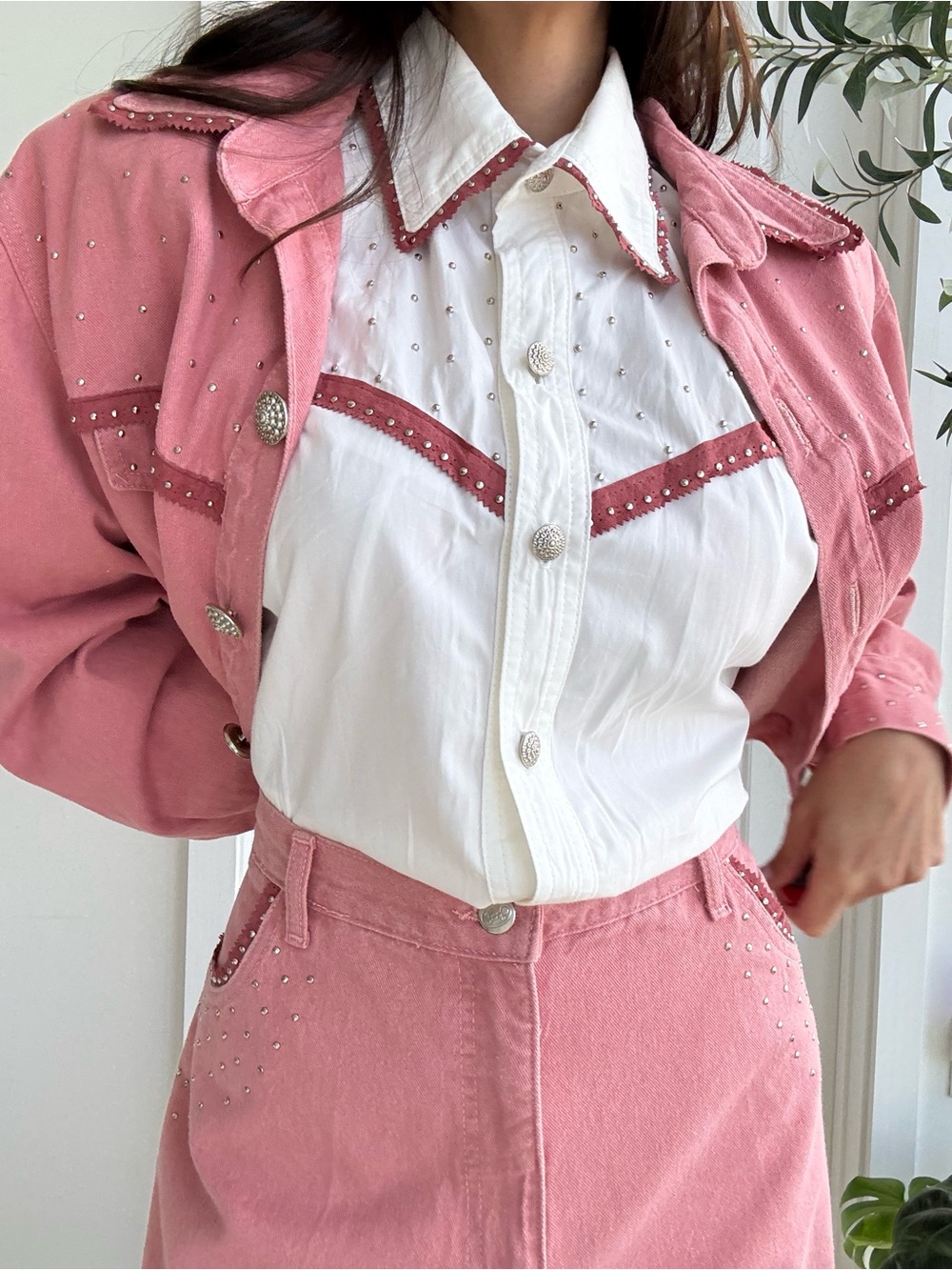 Cache Western Style Studded Denim Jacket Pant Suit SZ Large